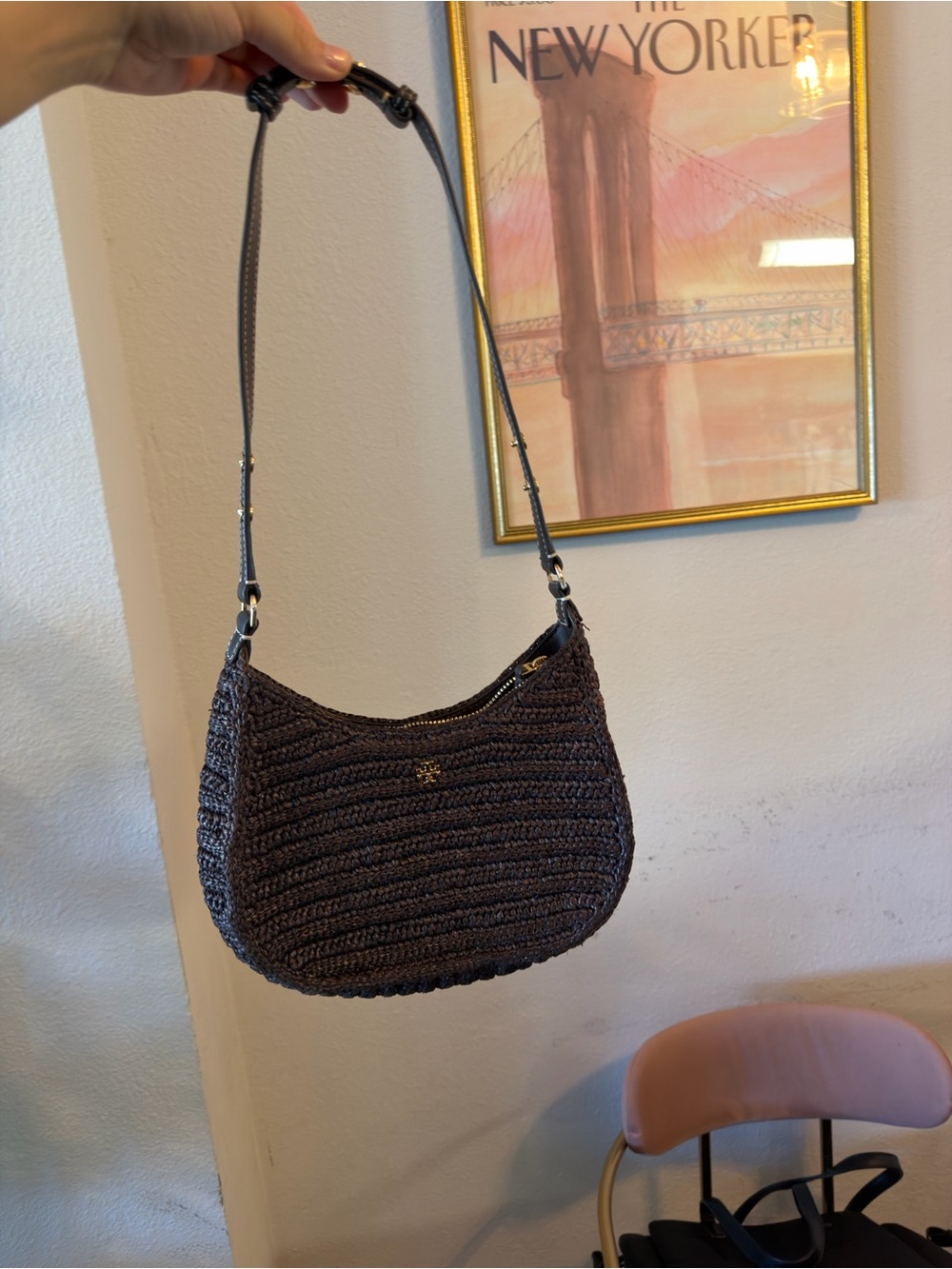 Black Crochet Shoulder Bag with Adjustable Strap